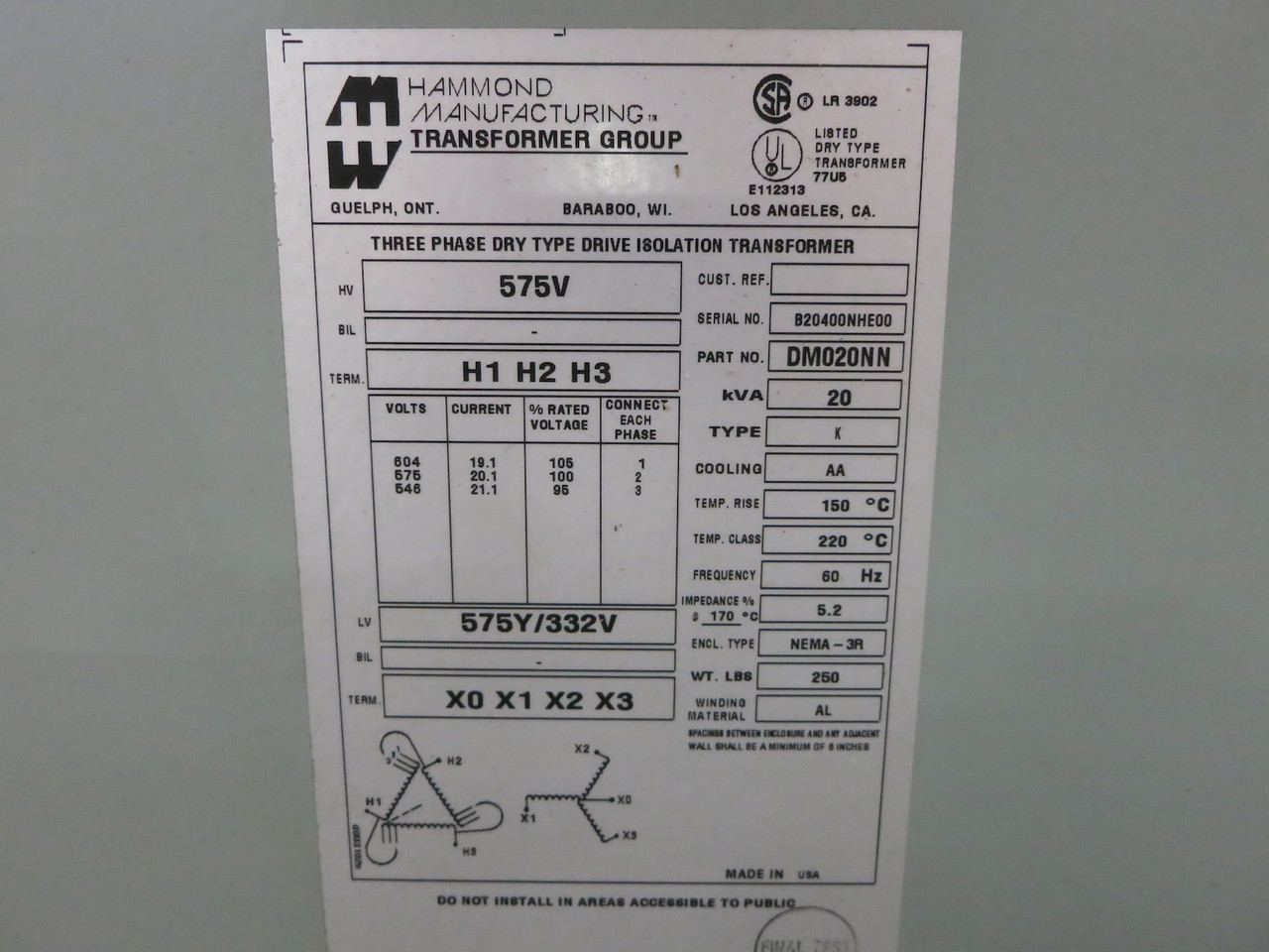 Hammond 20 kVA 575 Delta to 575Y/332 V 3PH Dry Type Transformer DM020NN 575V 3R (DW7573-1)