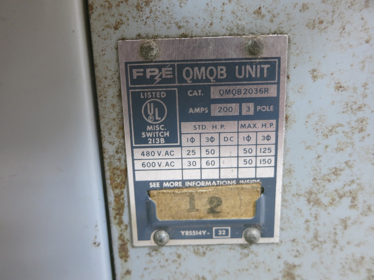 FPE QMQB2036R 200A 600V QMQB Fusible Panel Board Switch 200 Amp QMQB-2036R Unit (DW7583-1)
