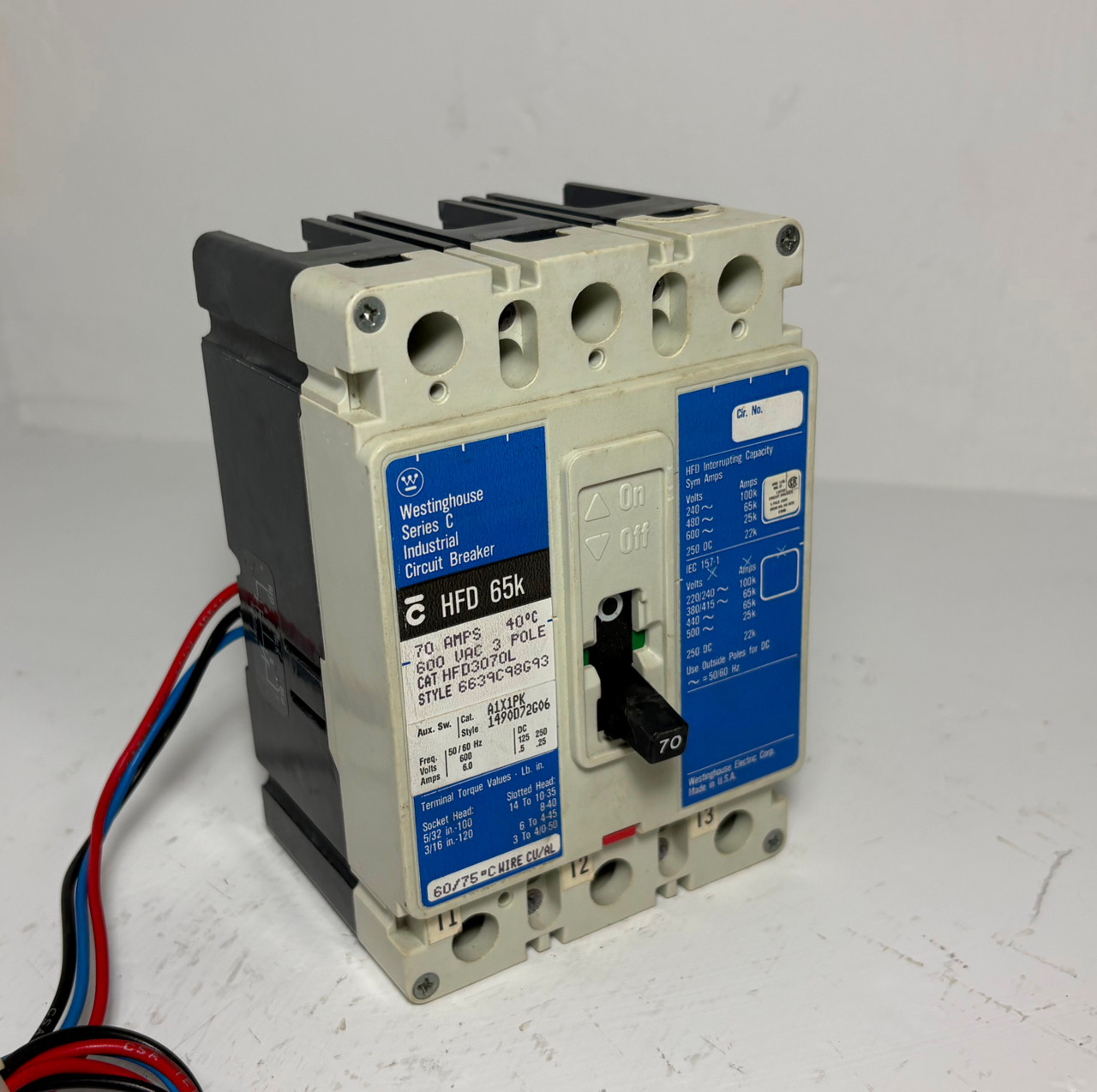 Image of Westinghouse HFD3070L 70A Circuit Breaker Matte Blue w/ Aux 600V HFD3070 70 Amp
