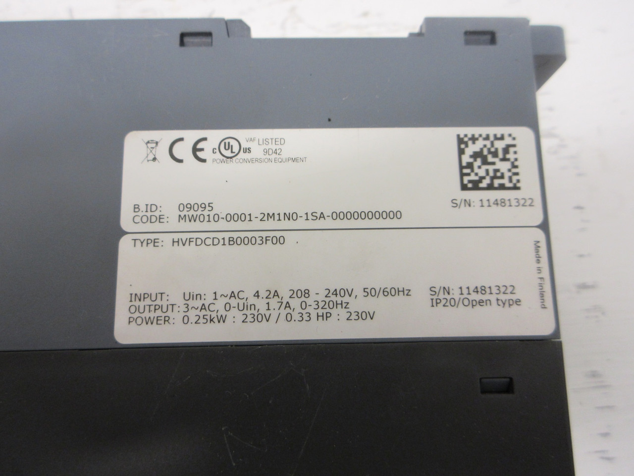 Honeywell HVFDCD1B0003F00 0.33 HP SmartDrive Compact AC VS Drive 230V VFD 1.7A (AH0763-1)