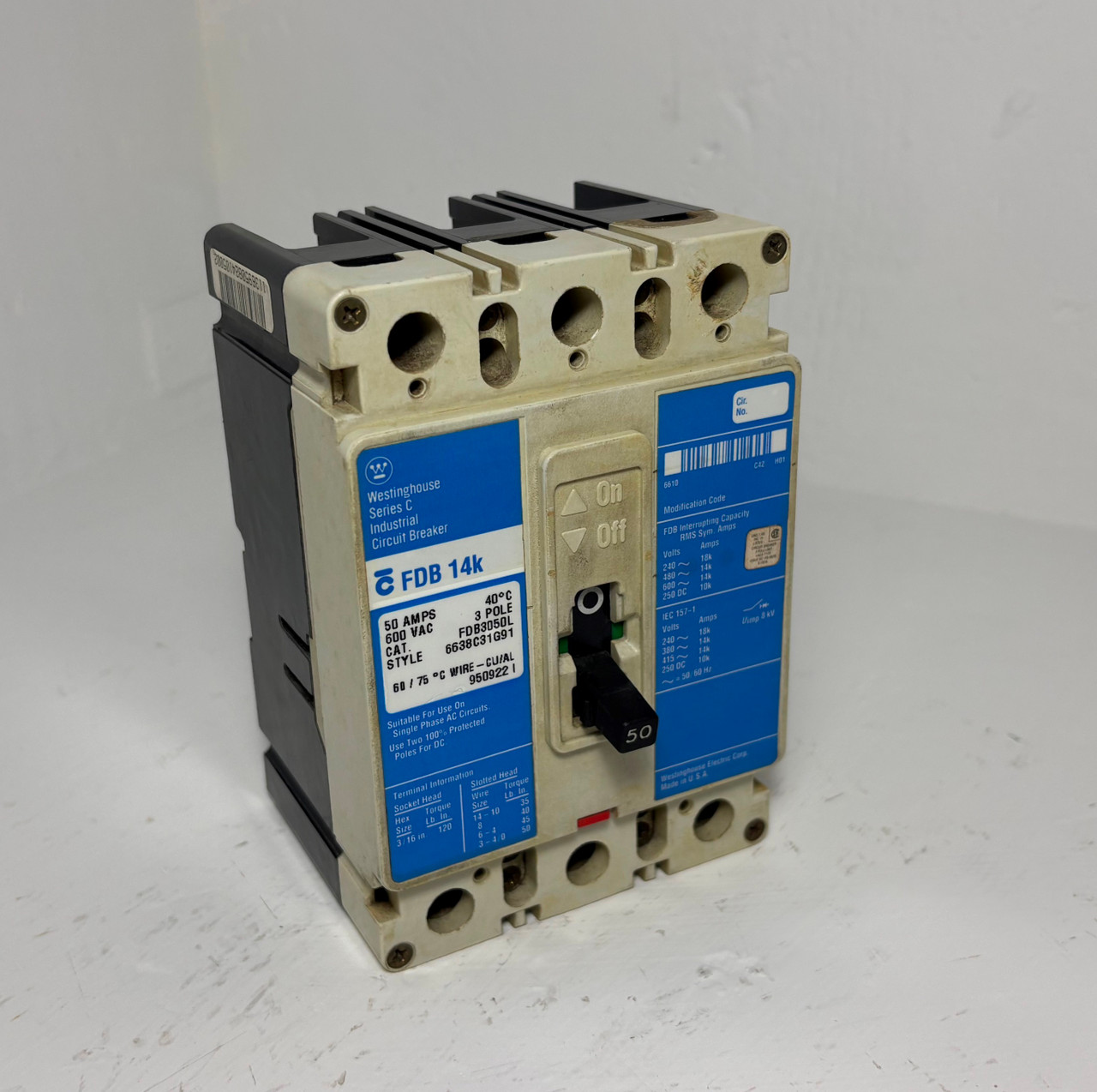 Image of Westinghouse FDB3050L 50A Circuit Breaker Glossy Blue 480/600V 3P FDB3050 50 Amp