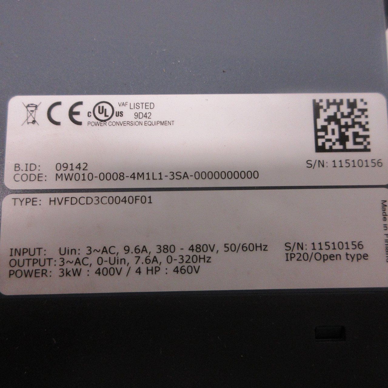 Honeywell HVFDCD3C0040F01 4HP SmartDrive Compact AC VS Drive 460V VFD 9.6A 3kW (AH0765-4)