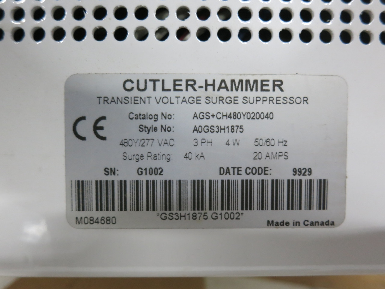NEW Eaton AGS+CH480Y020040 Aegis Power Line Filter Surge Suppressor 480Y/277 20A (DW7605-1)
