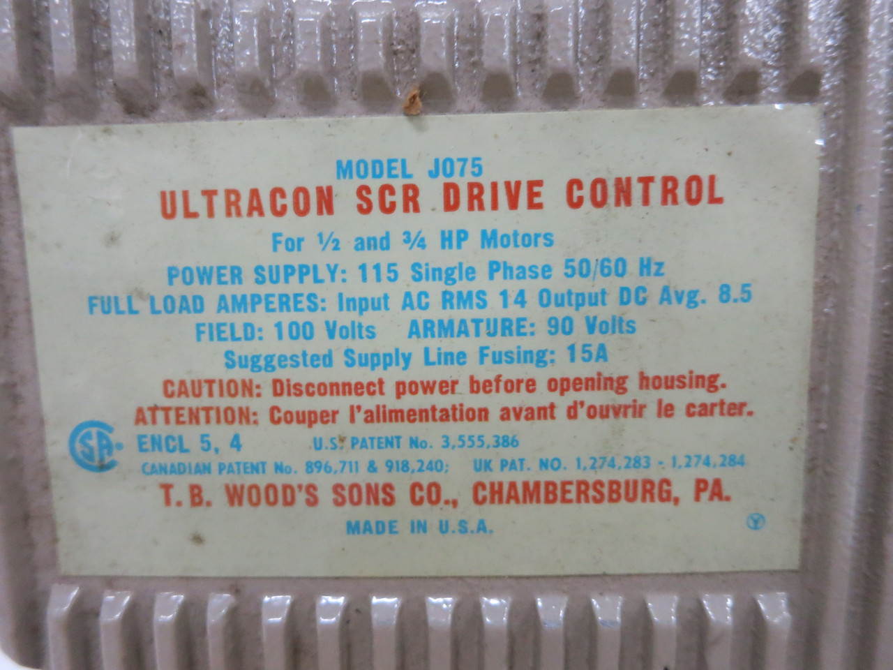 NEW TB Wood's Model J075 Ultracon SCR DC Drive Control 0.5 / 0.75 HP 115V J-075 (DW7622-1)