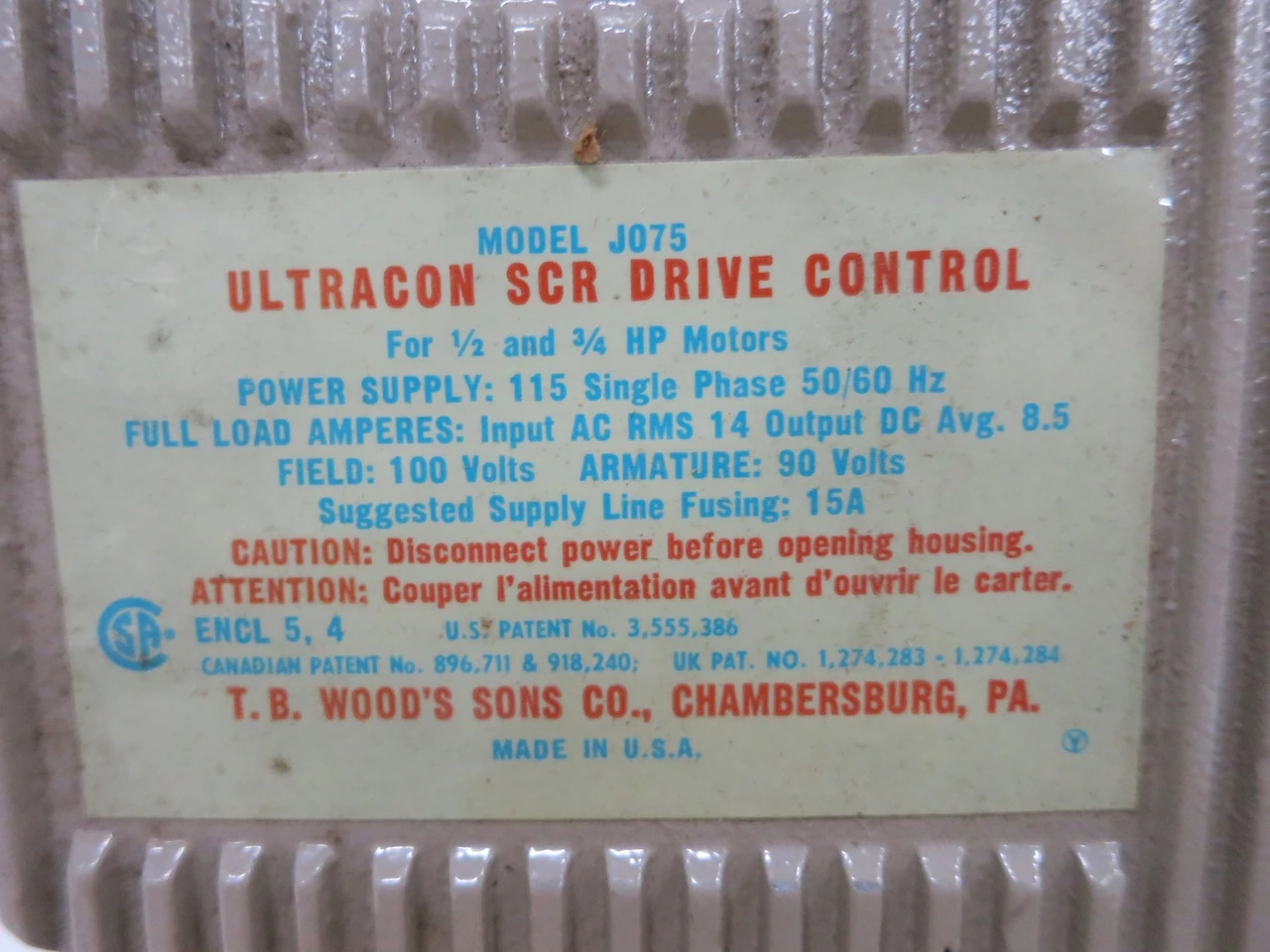 NEW TB Wood's Model J075 Ultracon SCR DC Drive Control 0.5 / 0.75 HP 115V J-075 (DW7622-1)