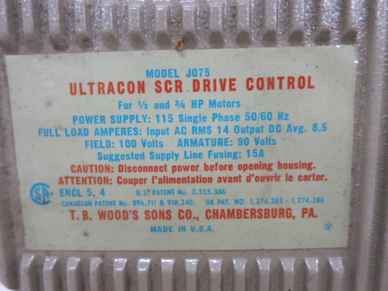 NEW TB Wood's Model J075 Ultracon SCR DC Drive Control 0.5 / 0.75 HP 115V J-075 (DW7622-1)