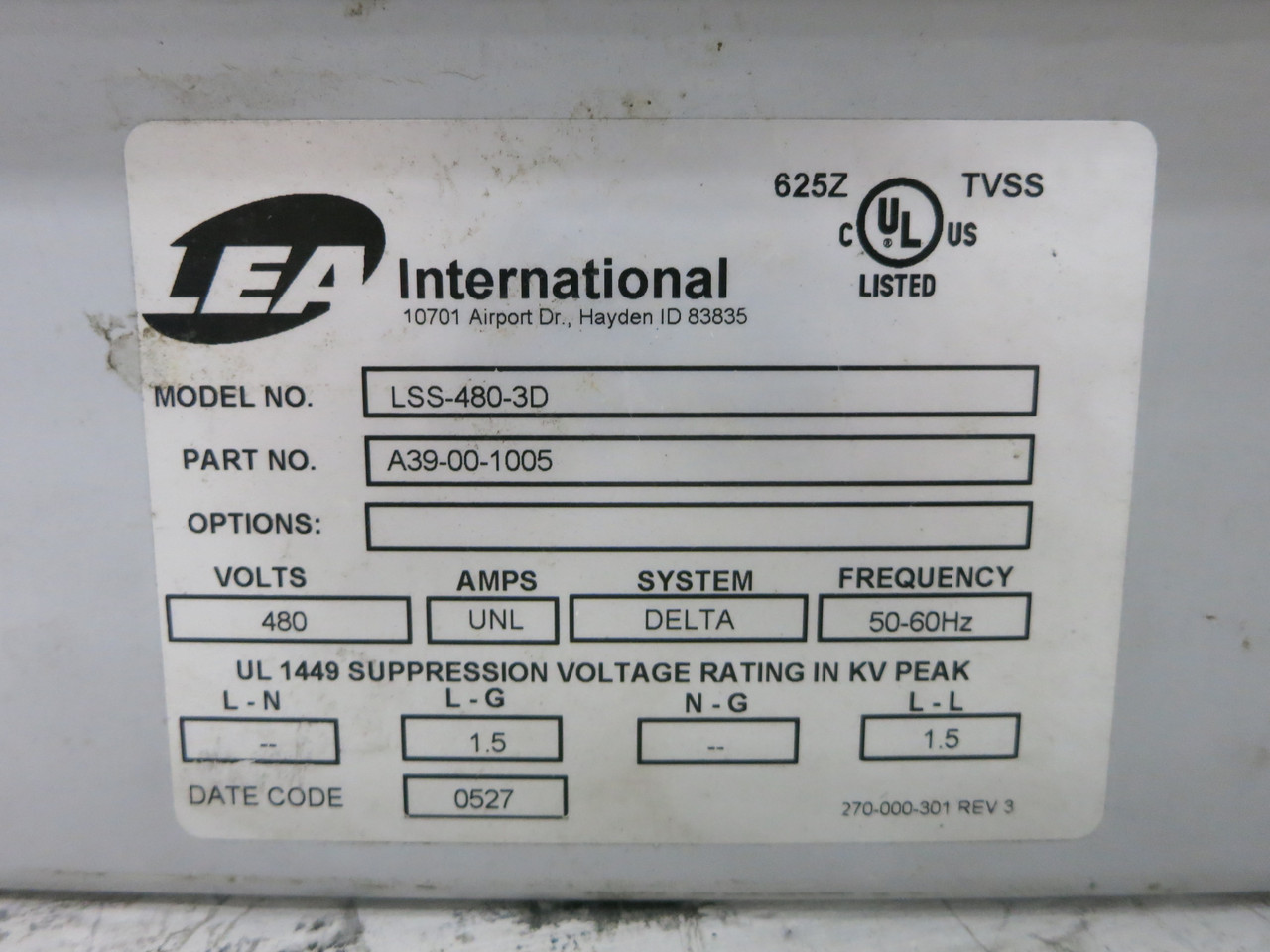 LEA International LSS-480-3D A39-00-1005 Surge Suppressor 480V LSS4803D (DW7638-1)