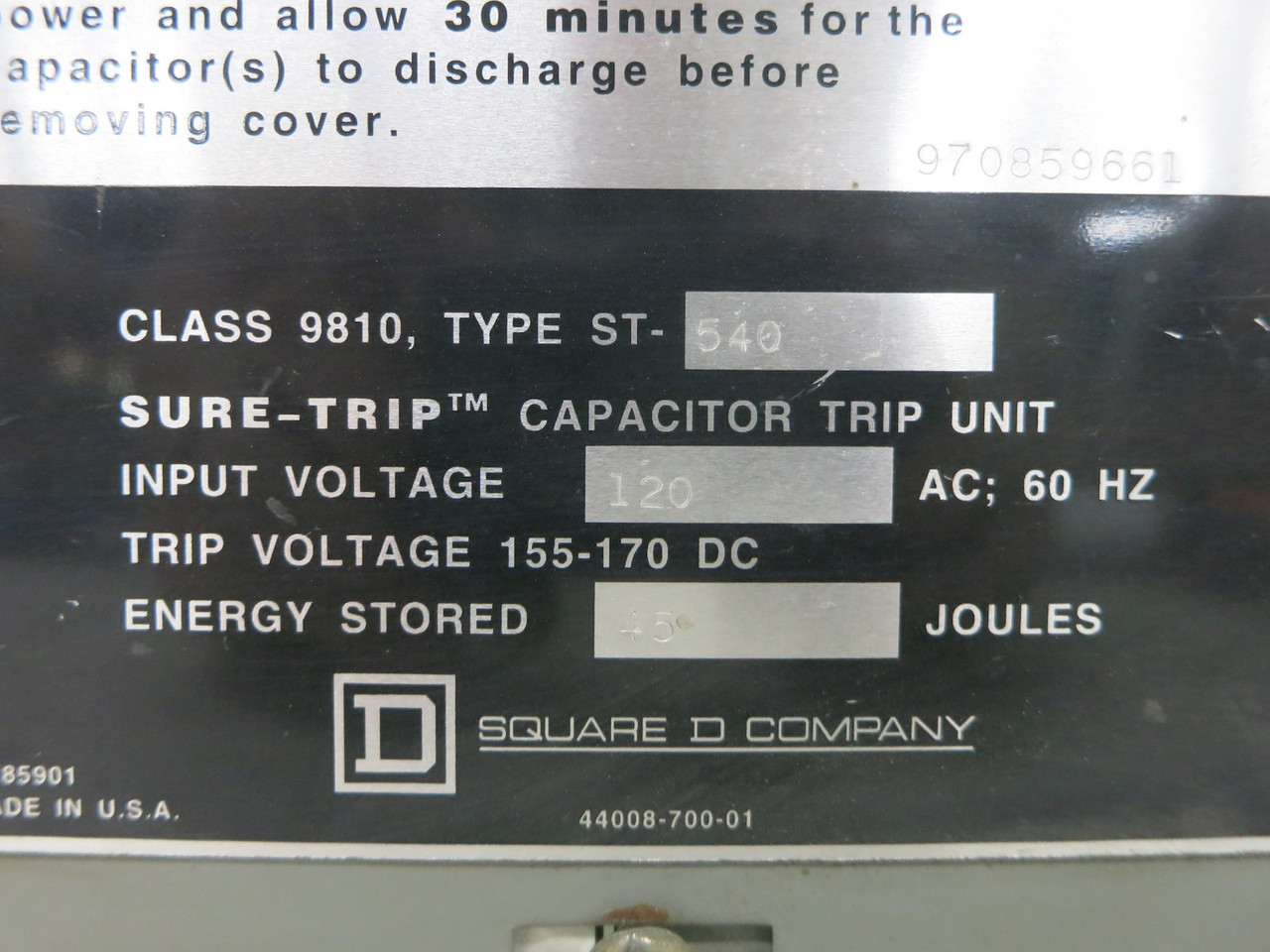 Square D Class 9810 Type ST-540 Sure-Trip Capacitor Trip Unit 9810-ST-540 (DW7640-1)