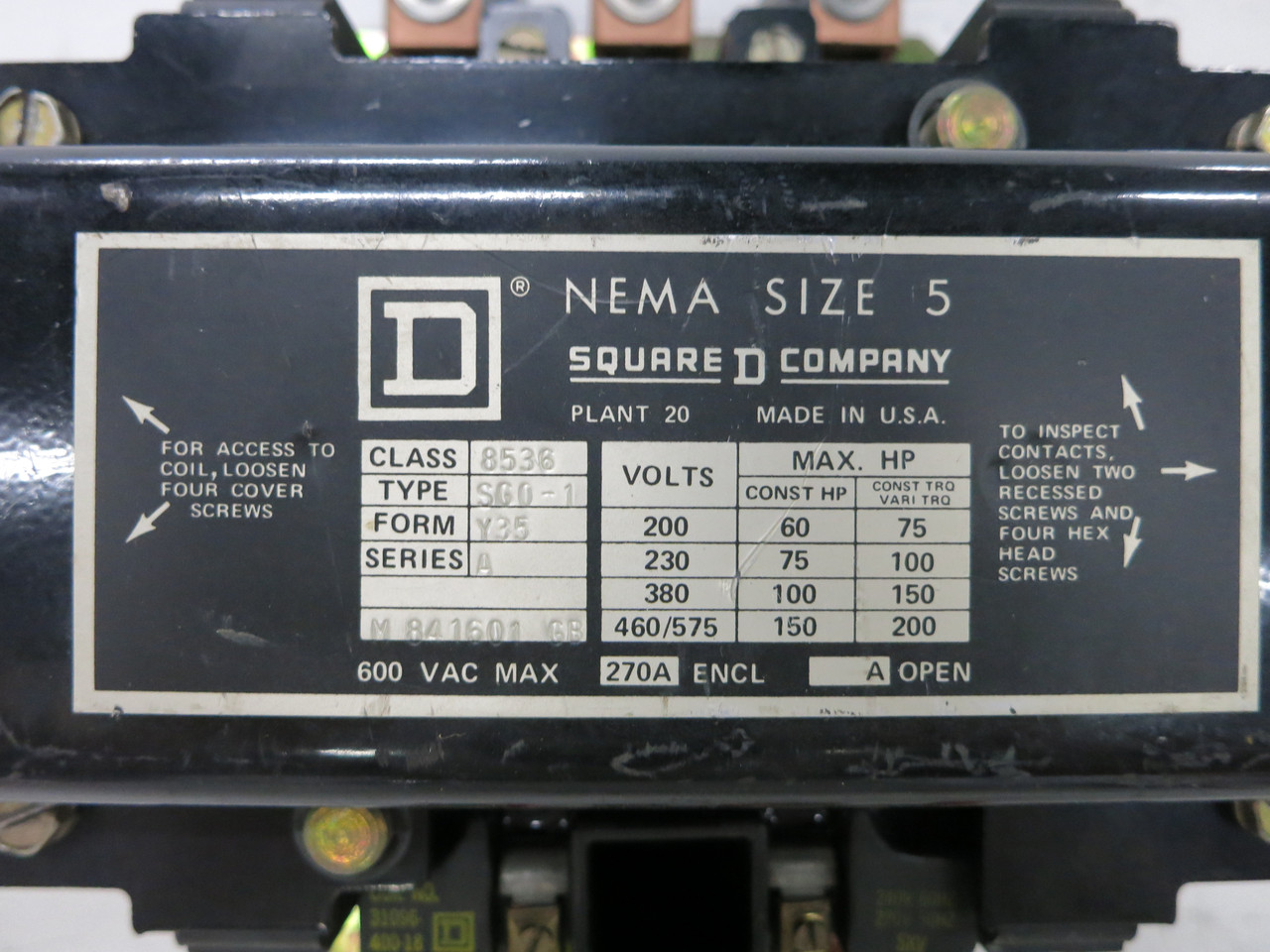 Square D 8536-SG01-Y35 Size 5 Motor Starter 200HP 240V Coil Sz5 600V 8536SGO1 (DW7636-1)