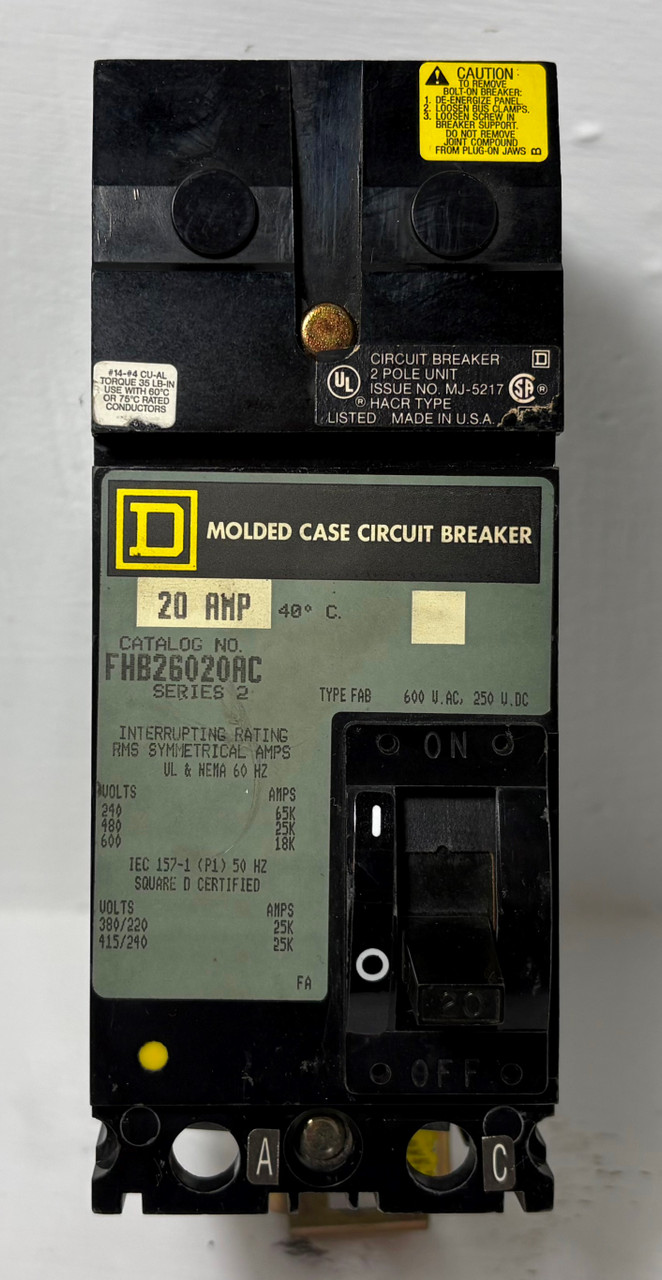 Square D I-Line FHB26020AC 20A 2P Circuit Breaker Type FAB 600V 20 Amp 2 Pole (EM5685-2)