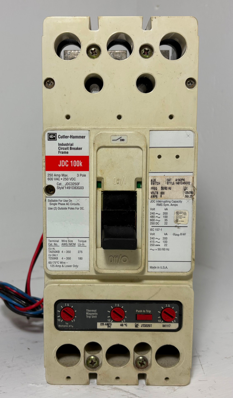 Cutler-Hammer JDC3250F 250A Circuit Breaker Glossy Red 225 Amp Trip Aux JDC3225 (EM5688-1)