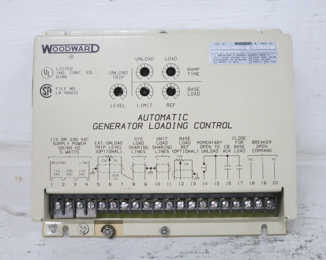 Woodward 9905-096 Rev J Automatic Generator Loading Control 9905096 115/230 VAC (DW7648-2)