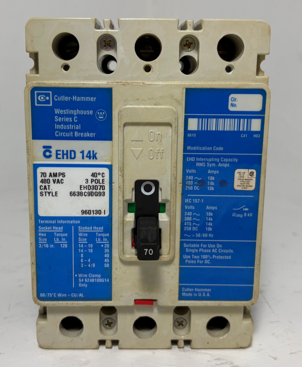 Cutler-Hammer EHD3070 70A Circuit Breaker Glossy Blue 480 VAC 3P EHD 14k 70 Amp (EM5686-1)