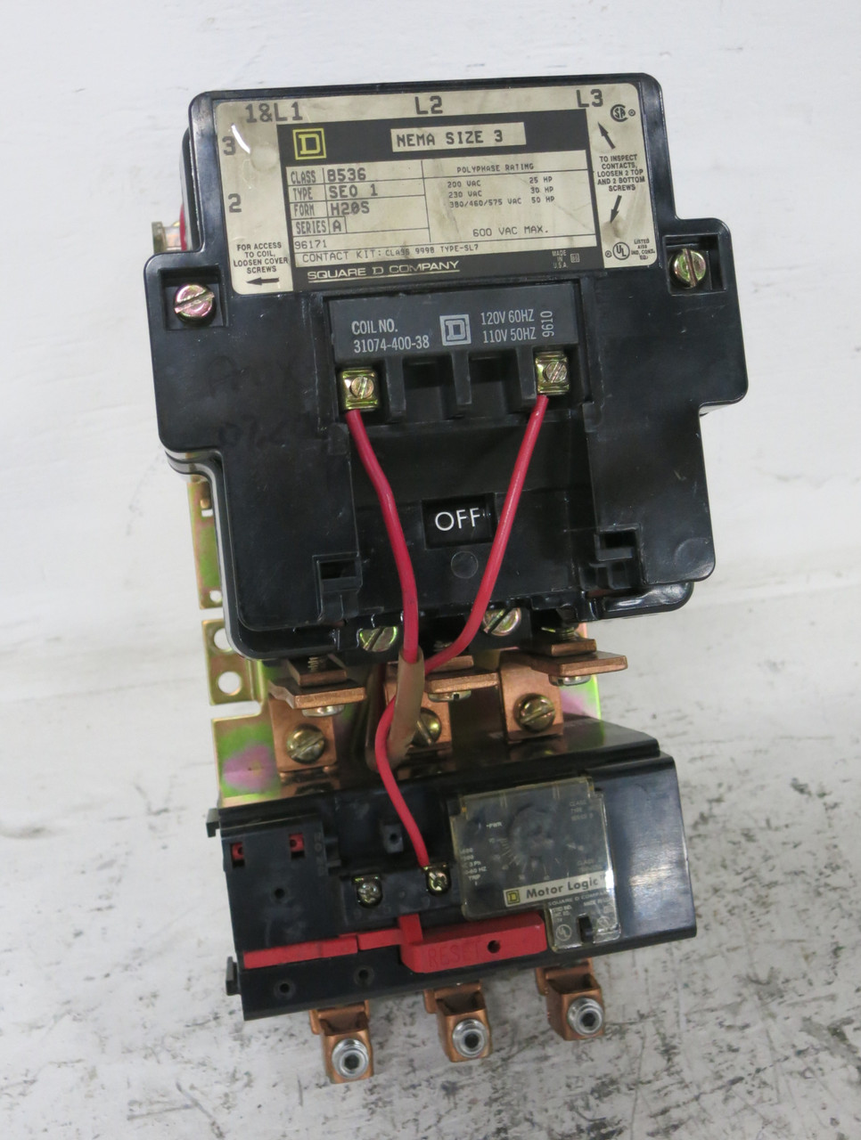 Square D 8536SEO1-H20S Size 3 Motor Starter w/ Motor Logic 9065-SR320 120V Coil (DW7661-1)