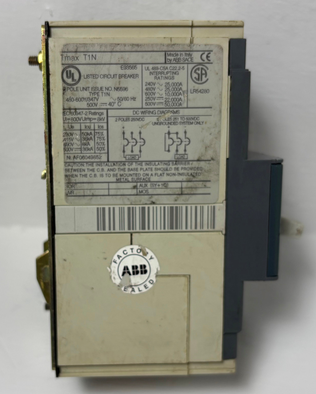 ABB SACE T1N 80A Tmax Circuit Breaker 480/600V 3 Pole 80 Amp 3P HACR (EM5693-1)