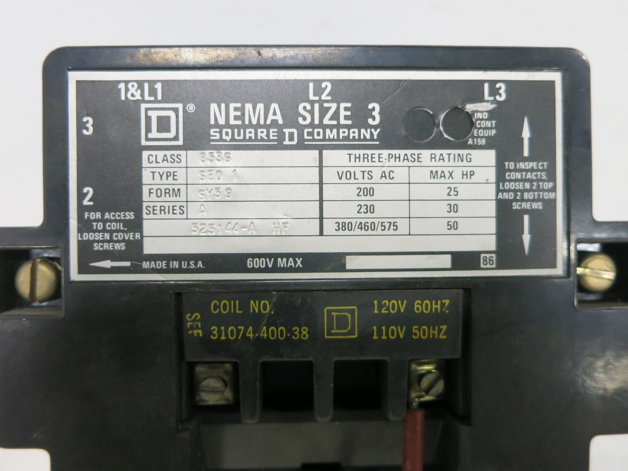 Square D 8536SEO1-SY59 Size 3 Motor Starter 120V Coil 48HA18AA4 Overload 8536SE0 (DW7665-2)
