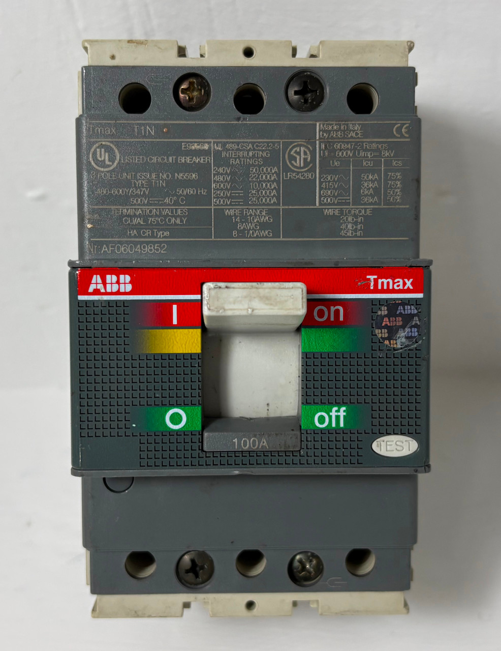 ABB SACE T1N 100A Tmax Circuit Breaker 480/600V 3 Pole 100 Amp 3P HACR (EM5694-3)