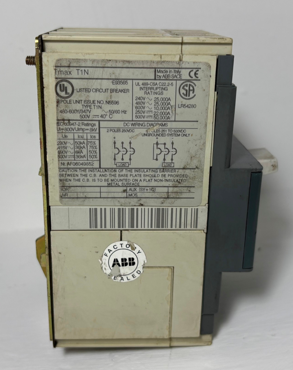 ABB SACE T1N 100A Tmax Circuit Breaker 480/600V 3 Pole 100 Amp 3P HACR (EM5694-2)