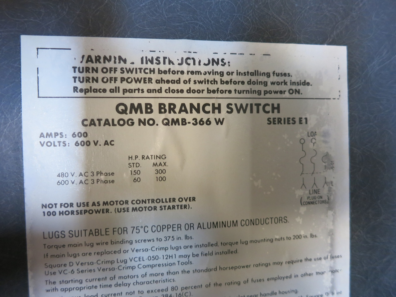 Square D QMB-366W 600A 600V Fusible Panelboard Switch QMB366W Fused 600 Amp E1 (DW7674-2)
