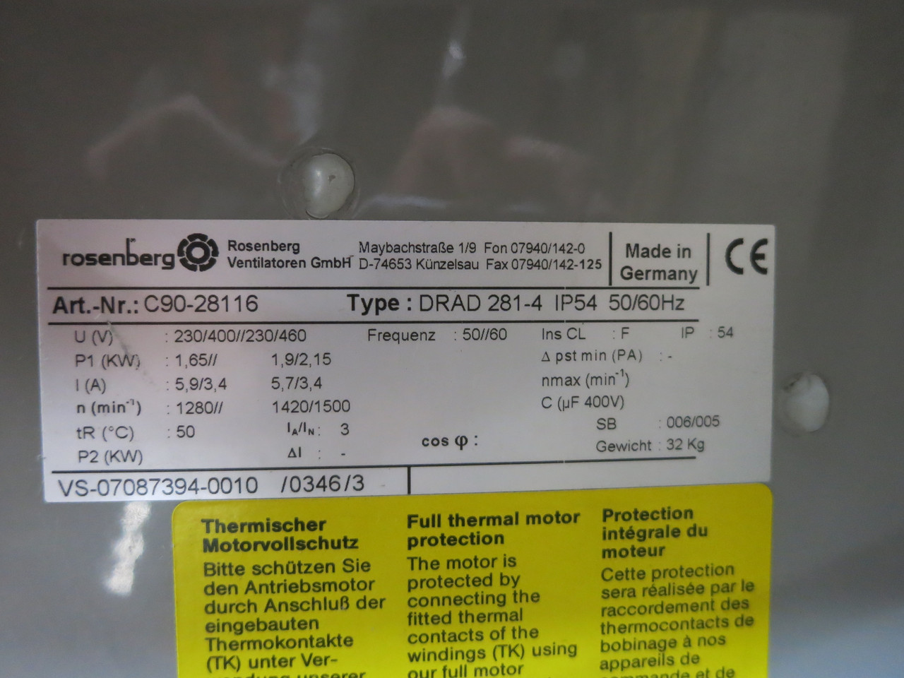 Rosenberg DRAD 281-4 AC Blower Fan Motor C90-28116 230/460V 1420/1500 RPM (DW7673-1)