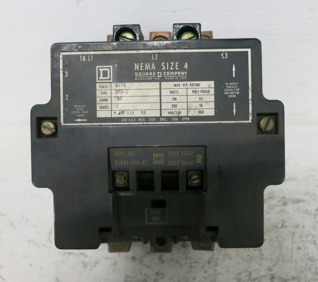 Square D 8502SFO2-Y30 Size 4 Motor Contactor 240V Coil 8502SFO-2 8502SF02 (DW7684-1)