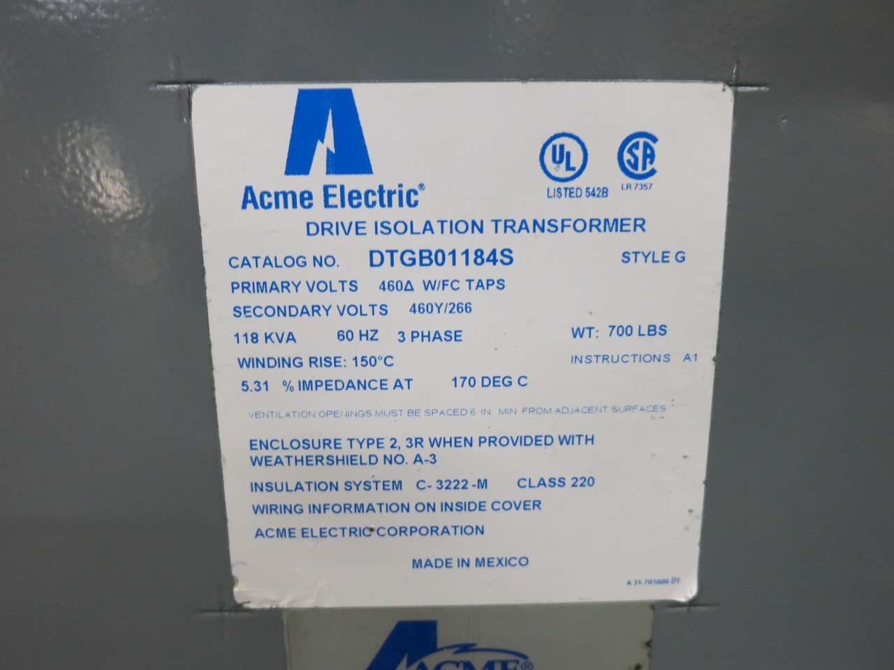 Acme 118 kVA 460 Delta to 460Y/266 V 3PH Isolation Transformer DTGB-0118-4S 460V (DW7683-5)
