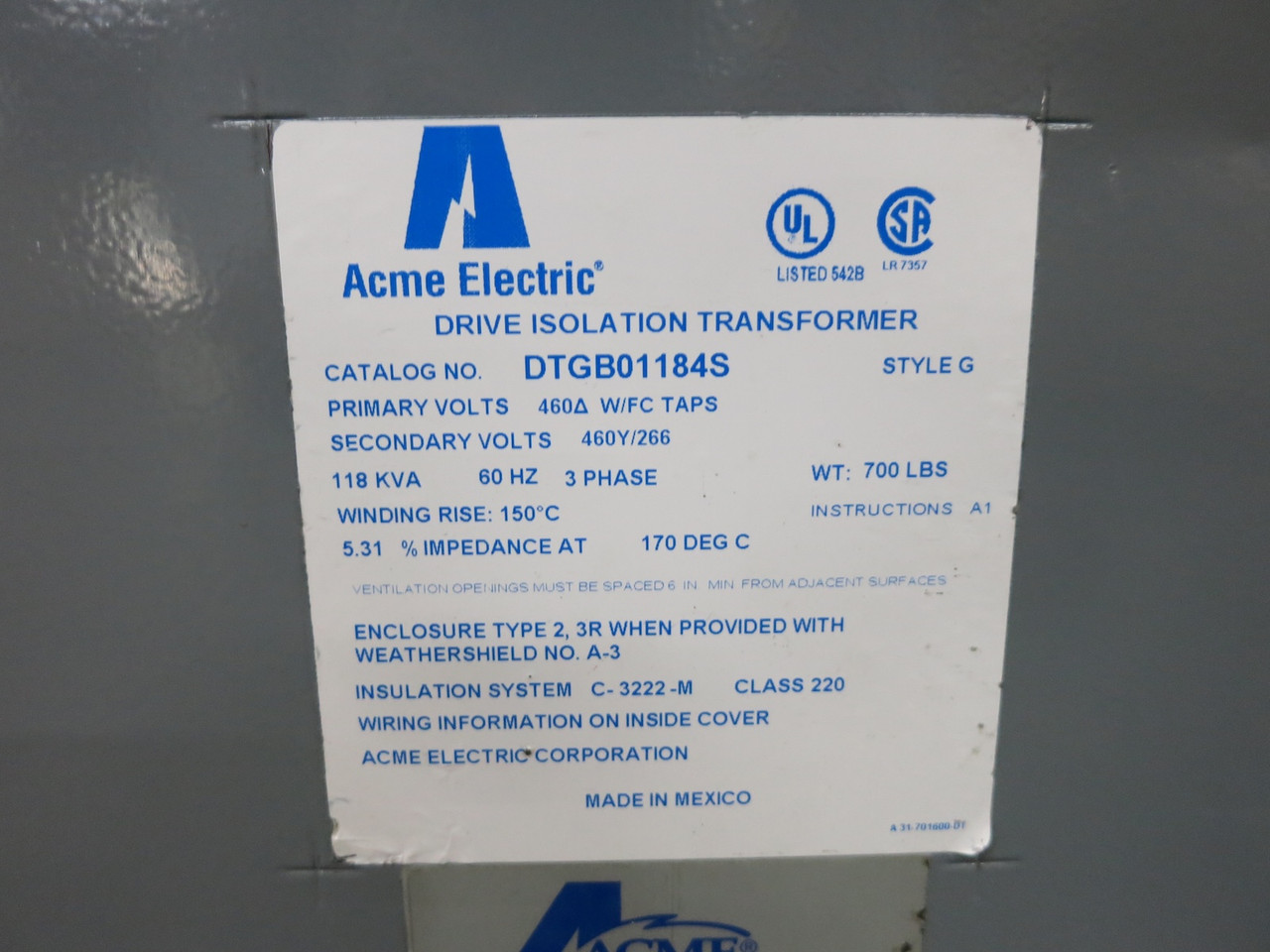 Acme 118 kVA 460 Delta to 460Y/266 V 3PH Isolation Transformer DTGB-0118-4S 460V (DW7683-5)