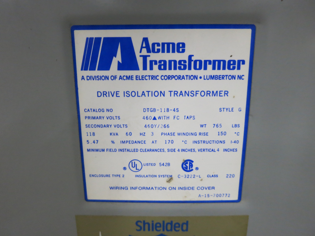 Acme 118 kVA 460 Delta to 460Y/266 V 3PH Isolation Transformer DTGB-118-4S 460V (DW7685-1)