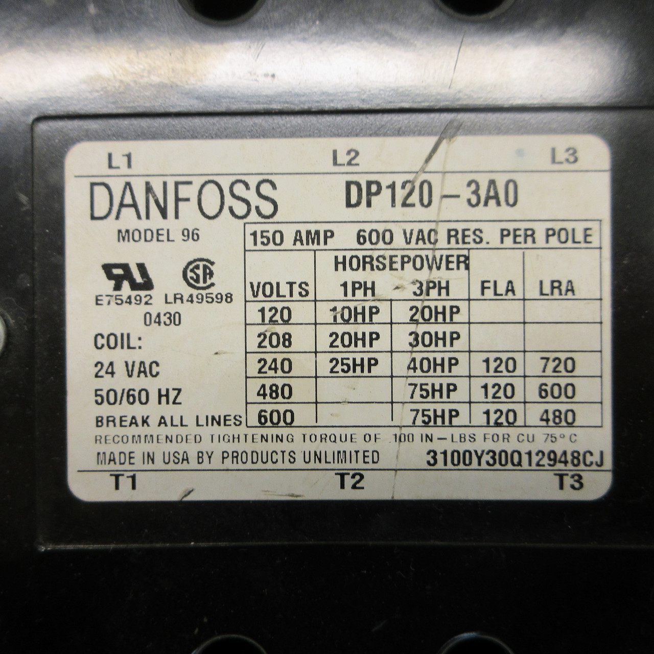 Danfoss DP120-3A0 Model 96 Contactor 150 Amp 600V 75HP 3P 24V Coil 150A 50/60HZ (AH0814-1)