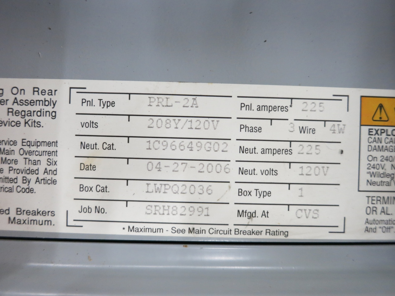 Eaton PRL-2a 225A Pow-R-Line Breaker Panel Board 208Y/120 3PH 4W MLO 225 Amp 3R (DW7689-1)