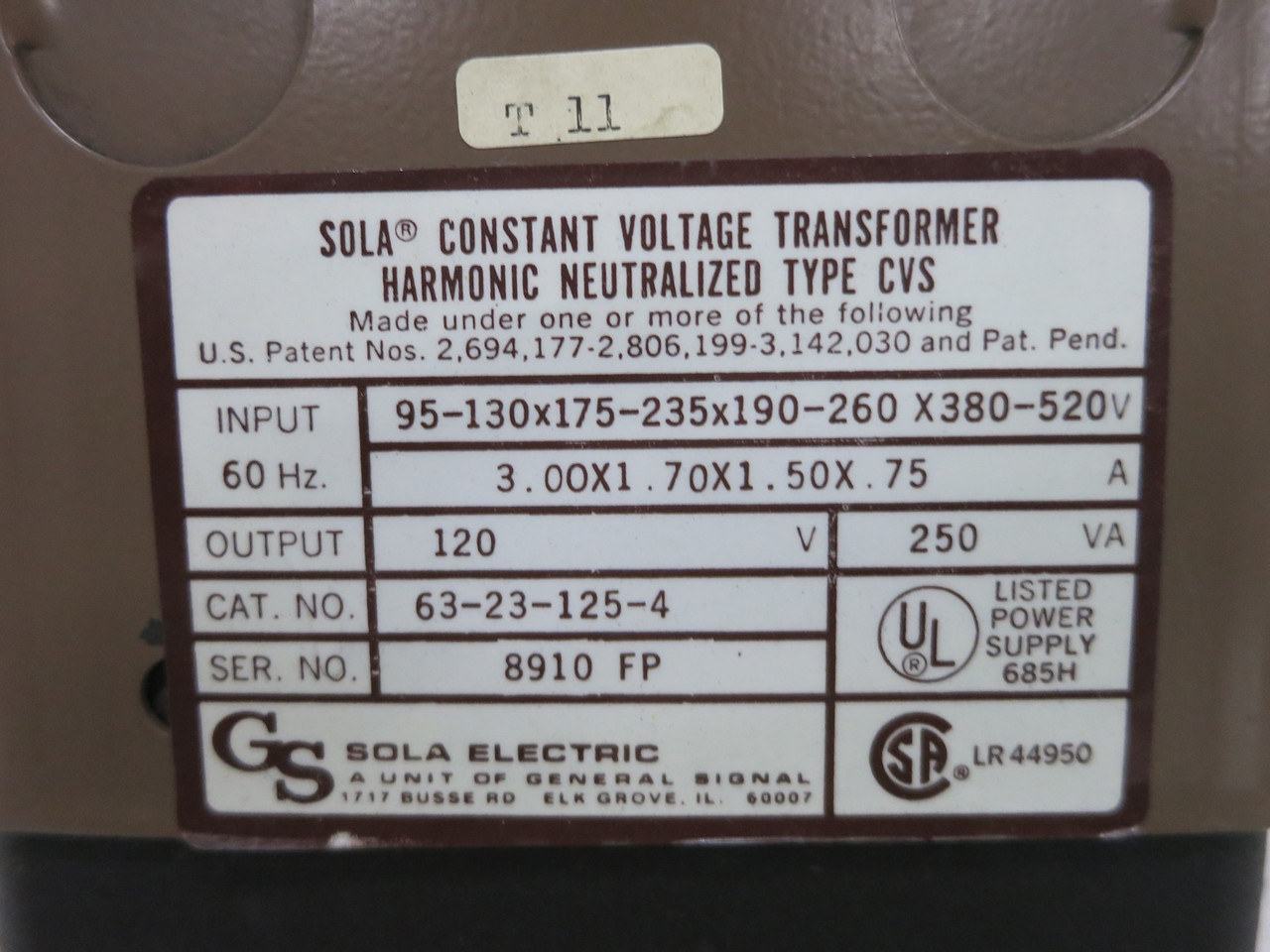 SOLA CVS 63-23-125-4 250VA Constant Voltage Transformer 120V MCR Power Regulator (DW7696-1)