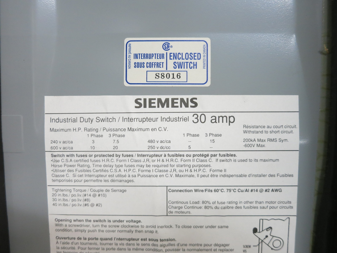 Siemens 12ID361 30A 600V Fusible Disconnect Switch Window 30 Amp 121D361 Type 12 (DW7700-6)