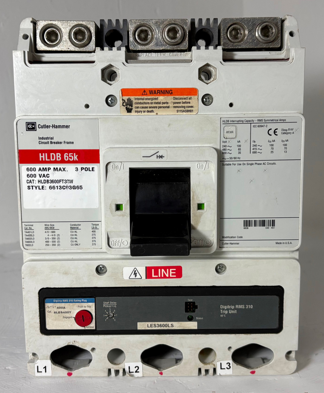Cutler-Hammer HLDB3600FT33W 600A Circuit Breaker Red w/ 400 Amp Plug HLDB 65k 3P (EM5710-1)