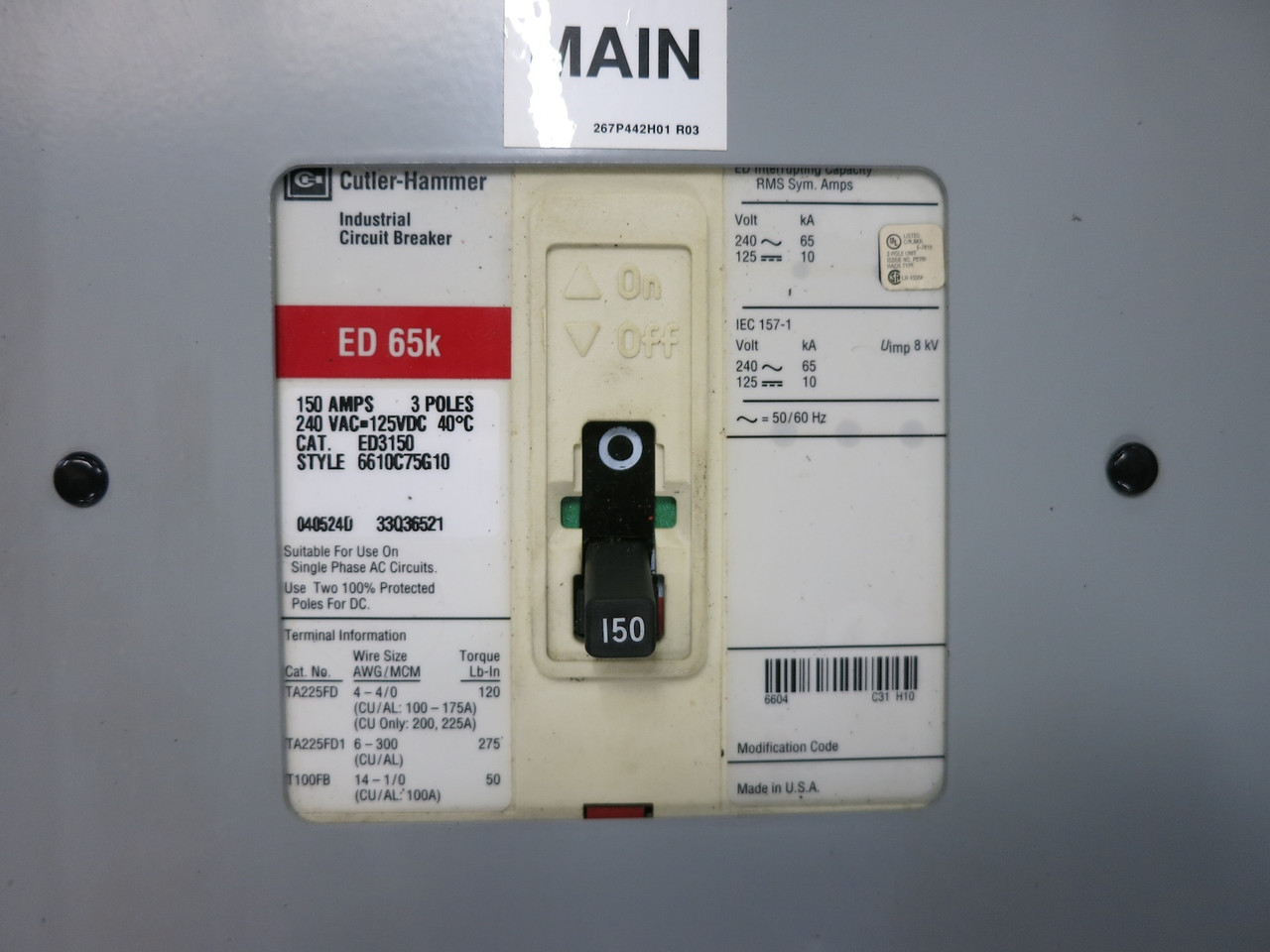 Eaton 150A 240V PRL-1a Main Breaker Panel Board 3PH 4W 150 Amp Pow-R-Line ED3150 (DW7710-1)