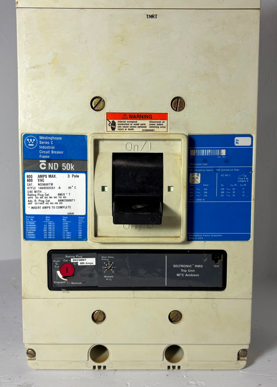 Westinghouse ND3800TW 800A Circuit Breaker Glossy Blue w/ 600 Amp Plug 3P ND 50k (EM5711-1)