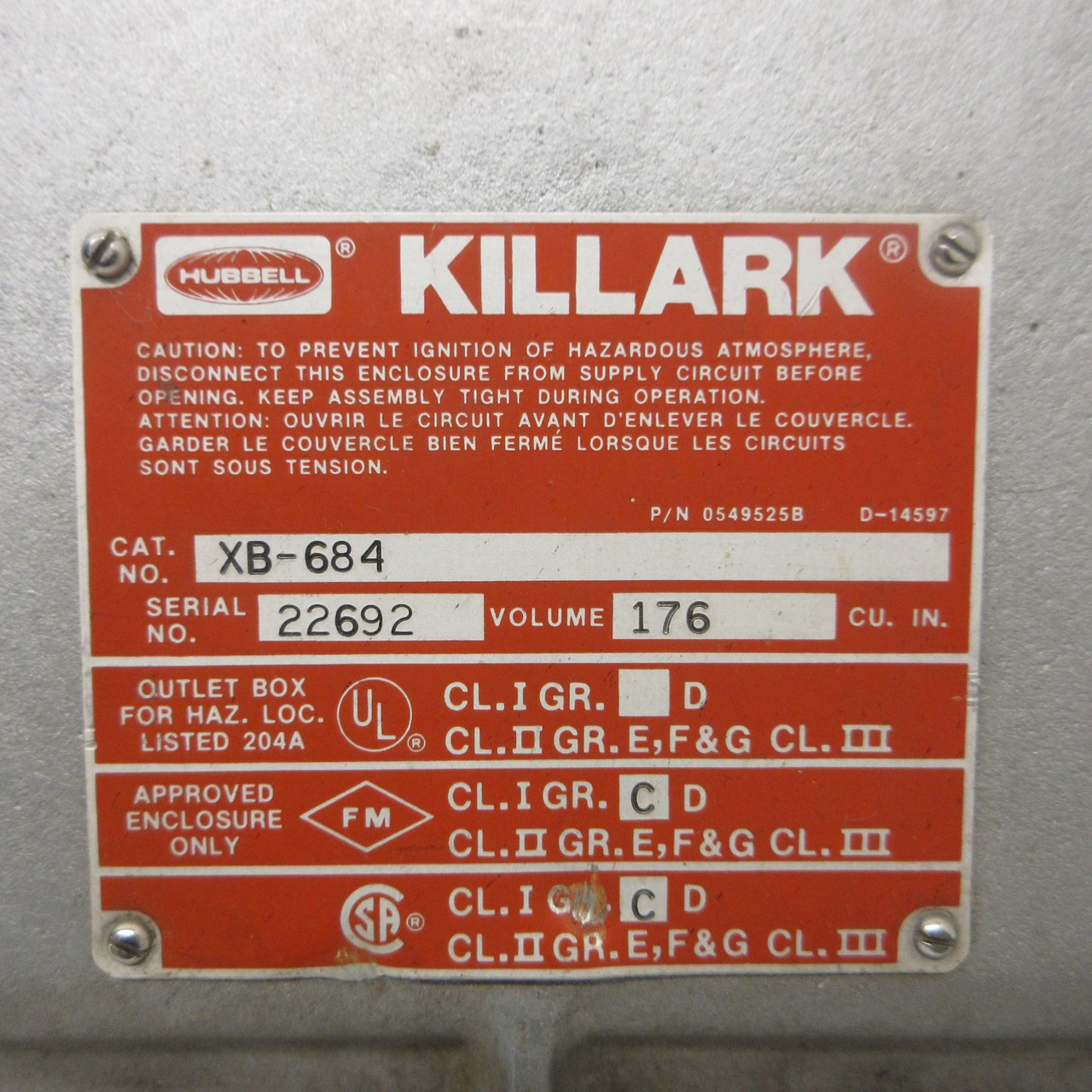 Hubbell Killark XB-684 0549525B Explosion Proof Enclosure Volume 176 Cu. In. (AH0824-1)