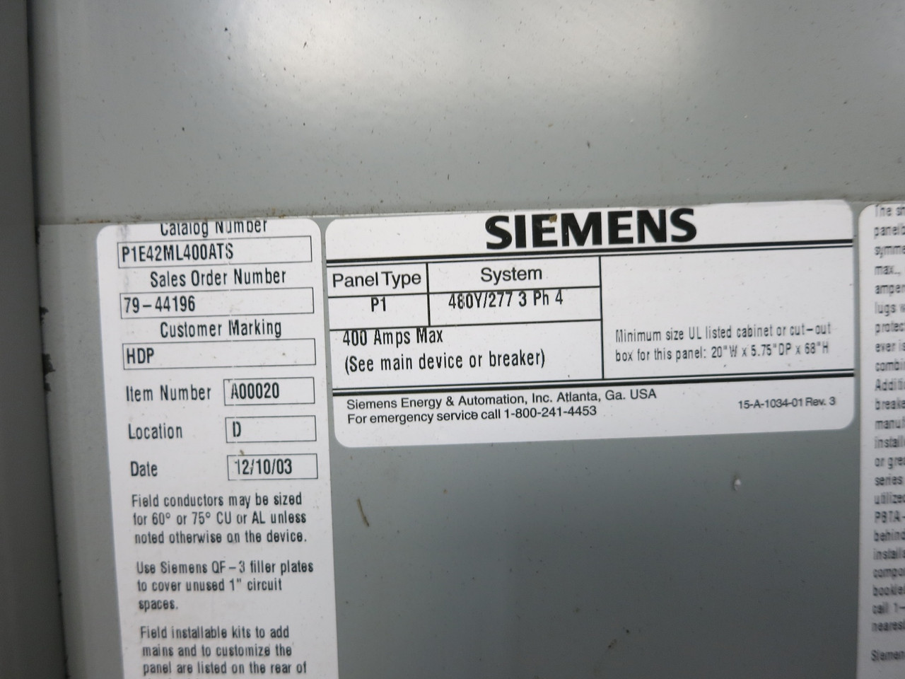 Siemens P1E42ML400ATS 400A 480Y/277 Breaker Panel Board 3P4W MLO 400 Amp P1 480V (DW7712-1)