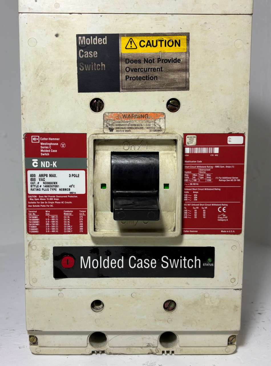 Cutler-Hammer ND3800WK 800A Molded Case Switch 800 Amp ND-K 3P 600V Westinghouse (EM5712-1)