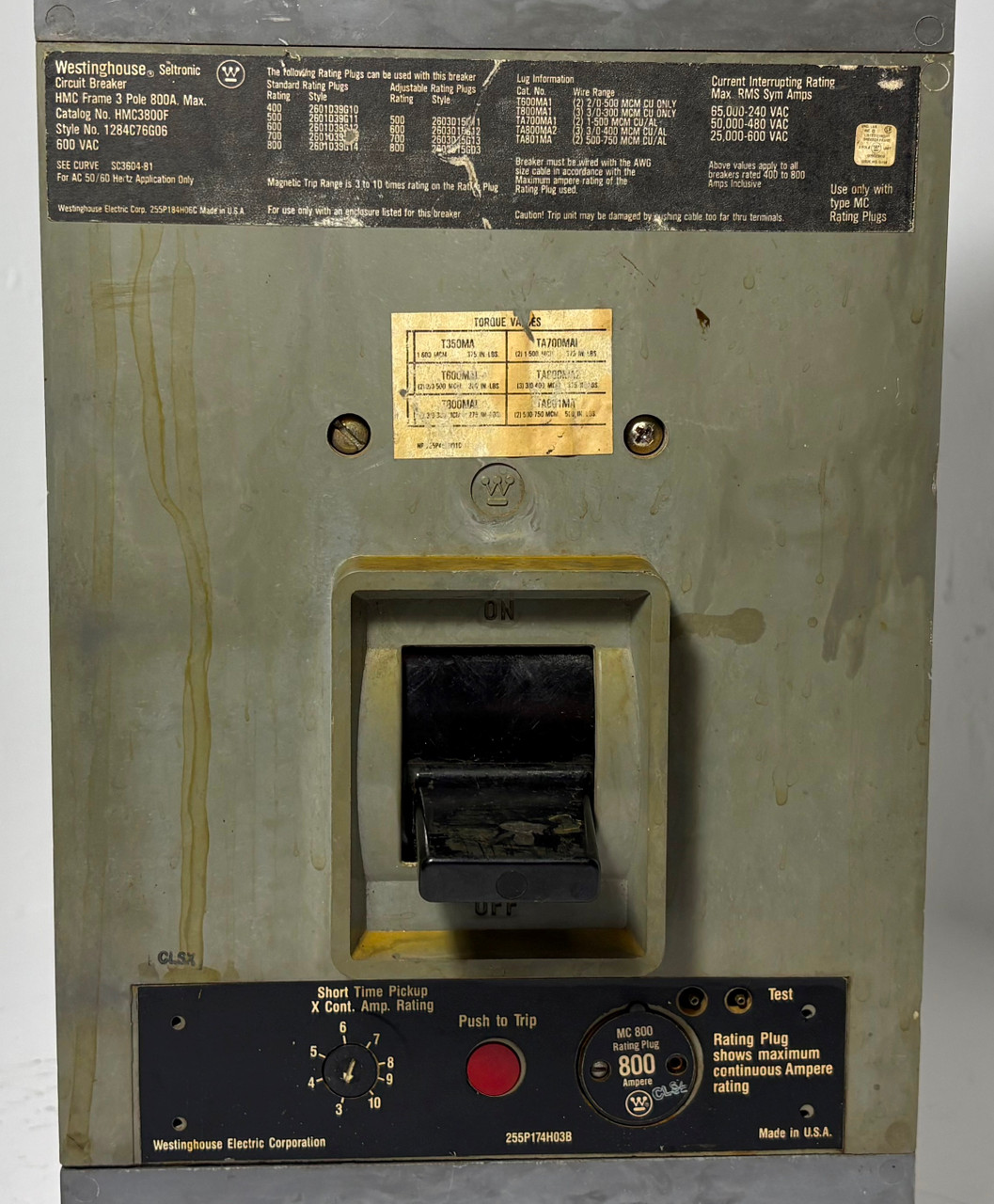Westinghouse HMC3800F 800A Seltronic Circuit Breaker w/ 800 Amp Plug 600V HMC 3P (EM5717-1)