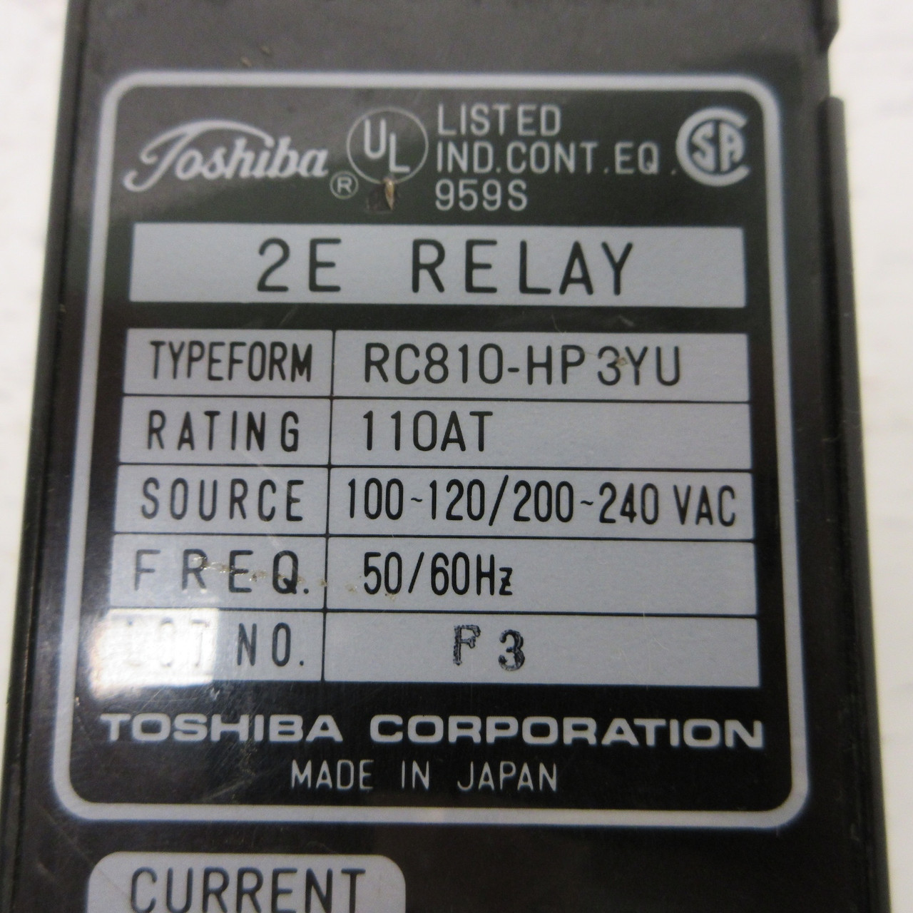 Toshiba Corporation RC810-HP3YU 2E Relay 110AT 100-120/200-240VAC Relay Socket (AH0833-1)