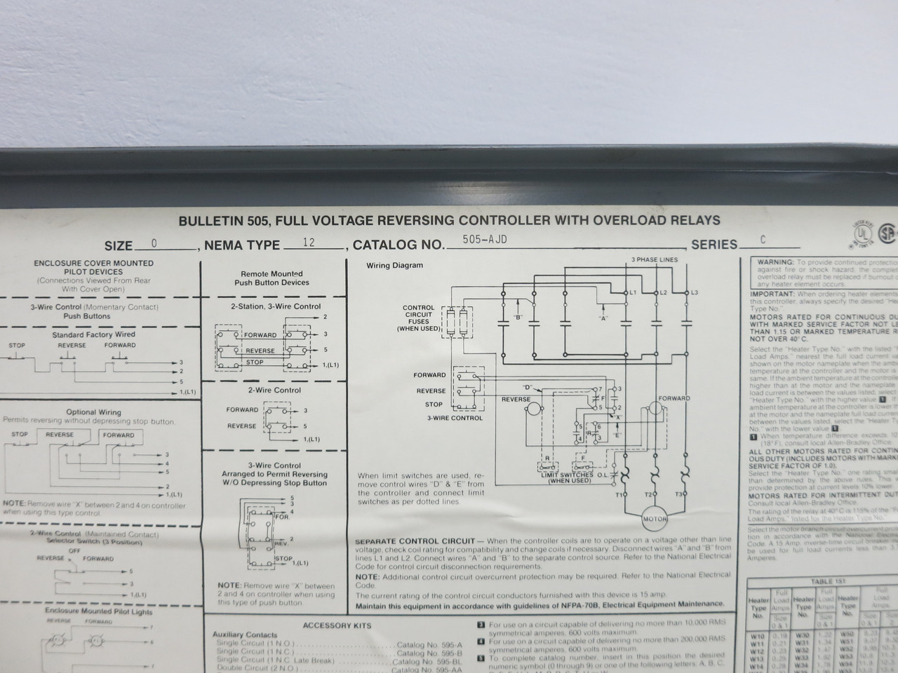 NEW Allen Bradley 505-AJD Size 0 Reversing Enclosed Motor Starter 505-AOD Type12 (DW7730-1)