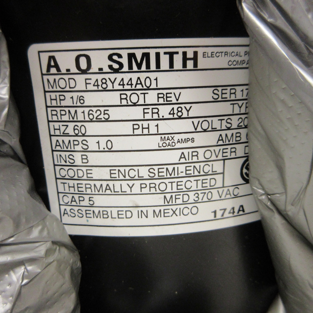 NEW A.O. Smith 174A Motor 1/6HP 208-230V 1625 RPM Reversible F48Y44A01 1 Amp NIB (AH0837-1)