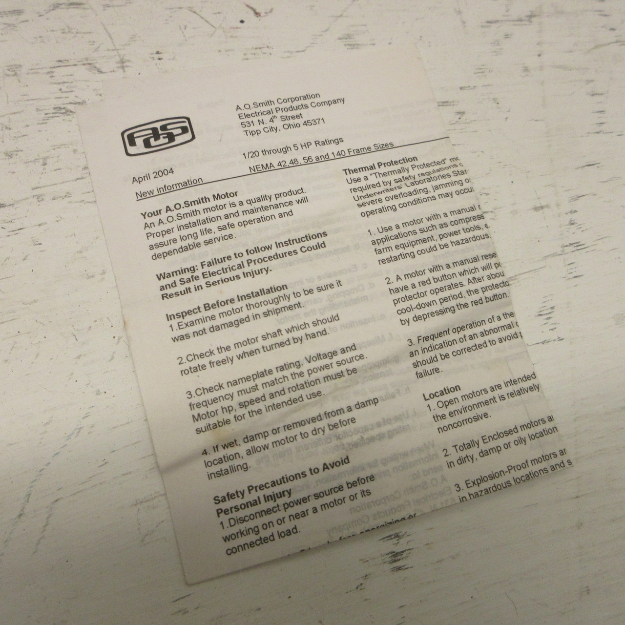 NEW A.O. Smith 174A Motor 1/6HP 208-230V 1625 RPM Reversible F48Y44A01 1 Amp NIB (AH0837-1)