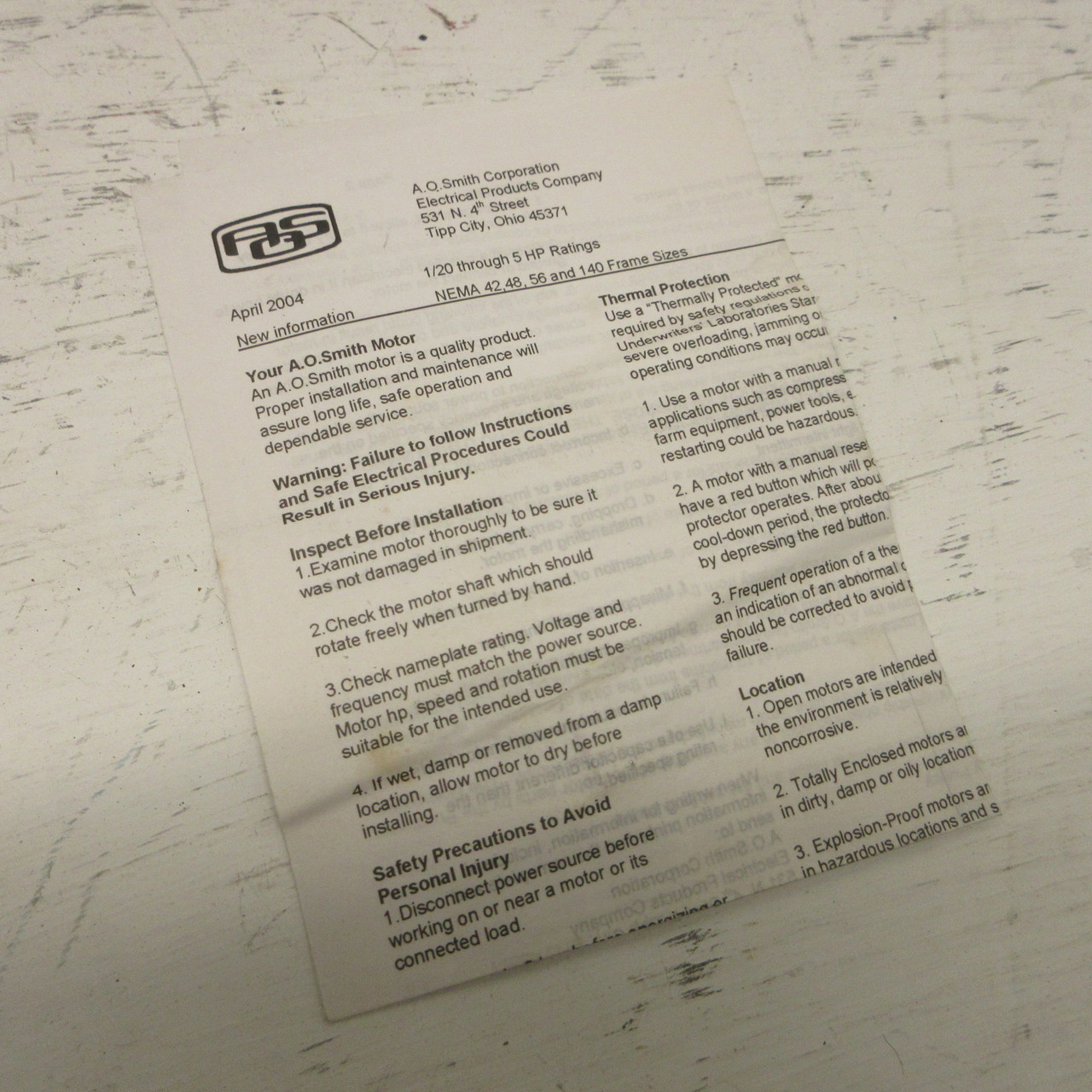 NEW A.O. Smith 174A Motor 1/6HP 208-230V 1625 RPM Reversible F48Y44A01 1 Amp NIB (AH0837-1)