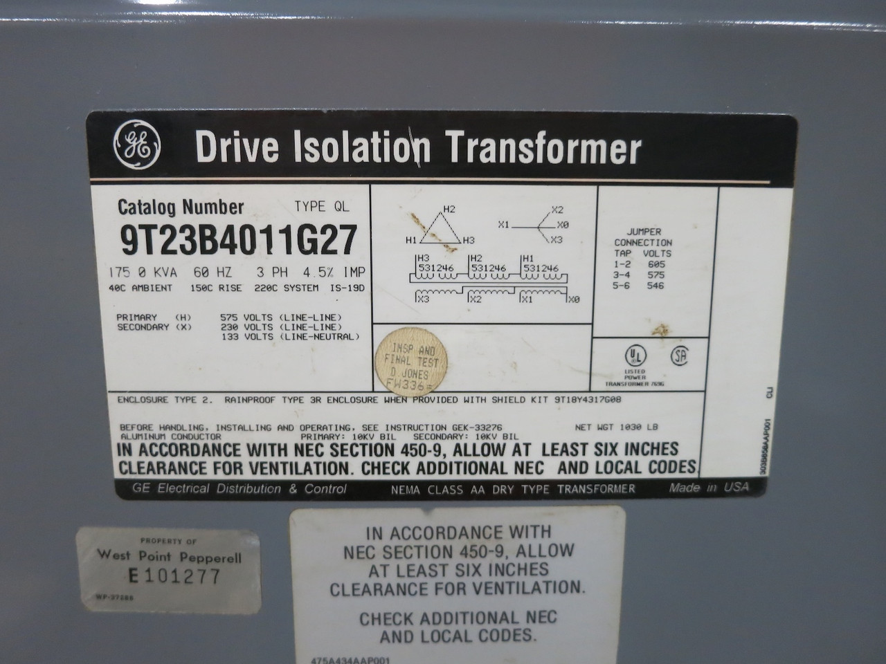 GE 175 kVA 575 Delta to 230Y/133 V 3PH Isolation Transformer 9T23B4011G27 575V (DW7731-1)