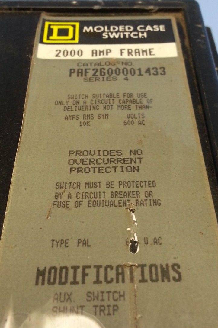 Square D PAF2600001433 2000A Switch Type PAL PAF Breaker 2-Pole 2000 Amp Shunt (EBI4559-1)