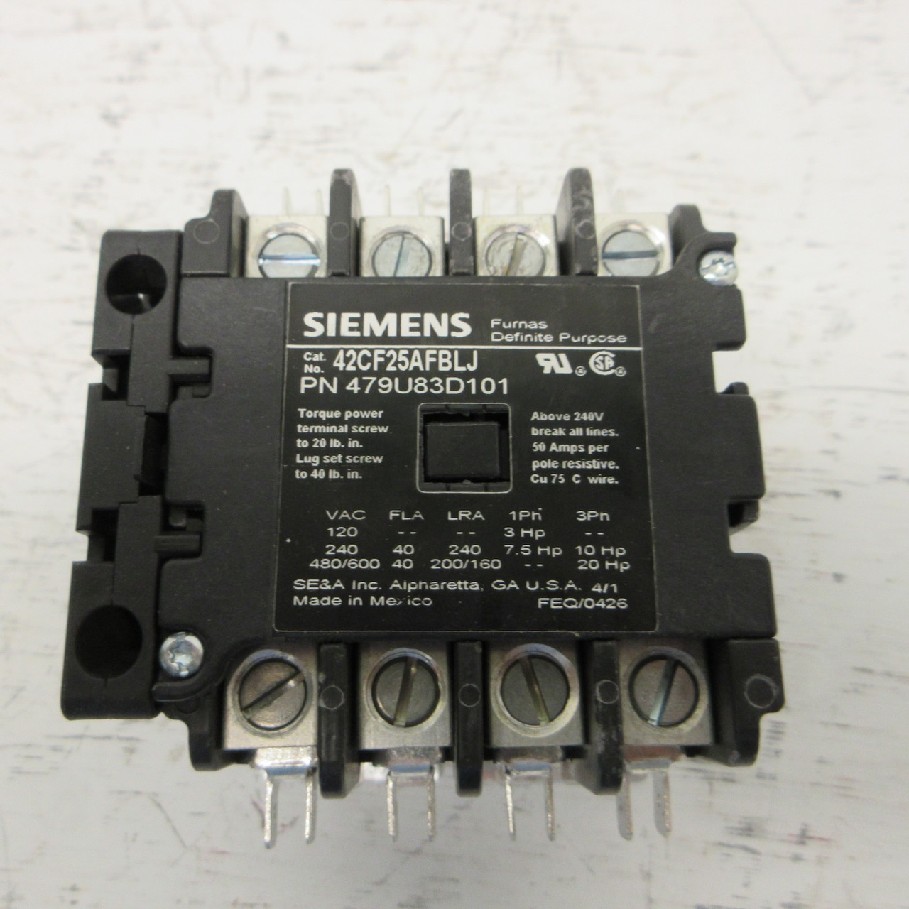 NEW Siemens 42CF25AFBLJ 479U83D101 Furnas Definite Purpose Contactor 4 Pole 3PH (AH0856-1)