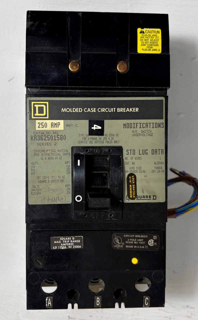 Square D I-Line KA362501580 250A Circuit Breaker w/ Aux & UVR 3P KA36250 250 Amp (EM5732-1)