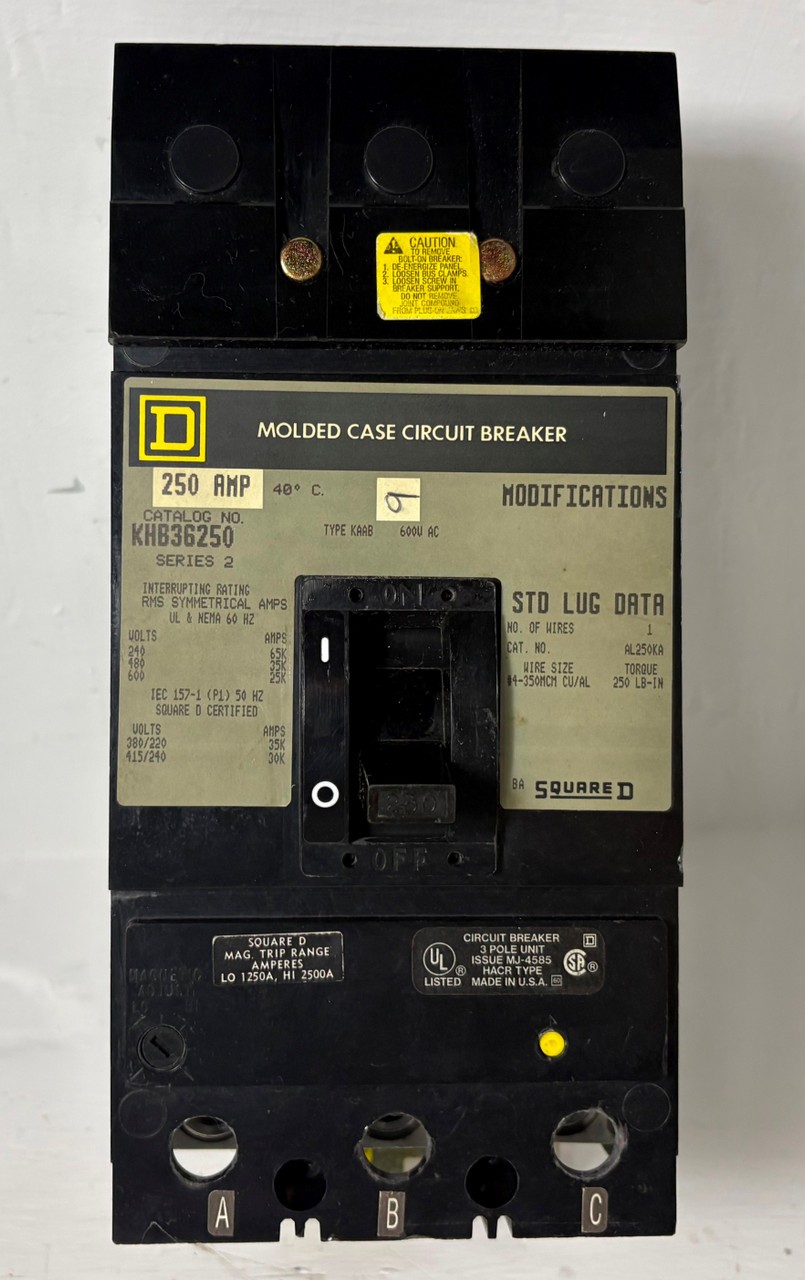 Square D I-Line KHB36250 250A Circuit Breaker 480/600V 3 Pole Type KAAB 250 Amp (EM5733-3)