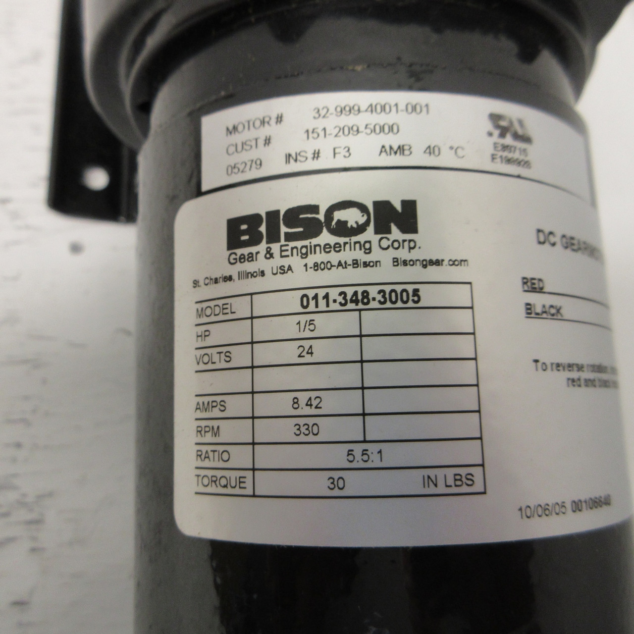 NEW Bison 011-348-3005 DC Gear Motor 1/5HP 24V 8.42A 330RPM 32-999-4001-001 NIB (AH0863-1)